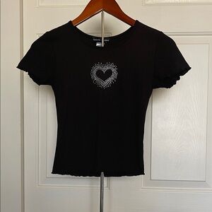 Black Ribbed Short Sleeve Top with Rhinestone Heart